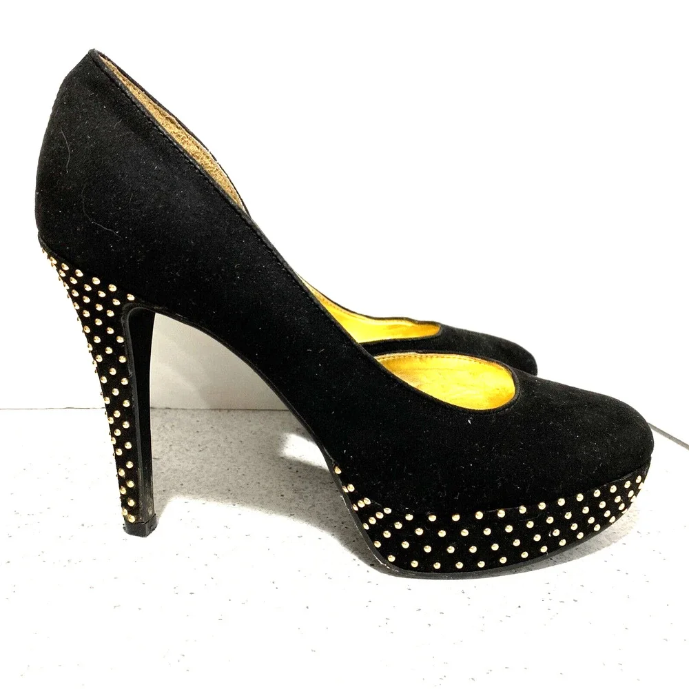 Nine West Gig high heel platform pumps black faux suede & gold studs US size 8M